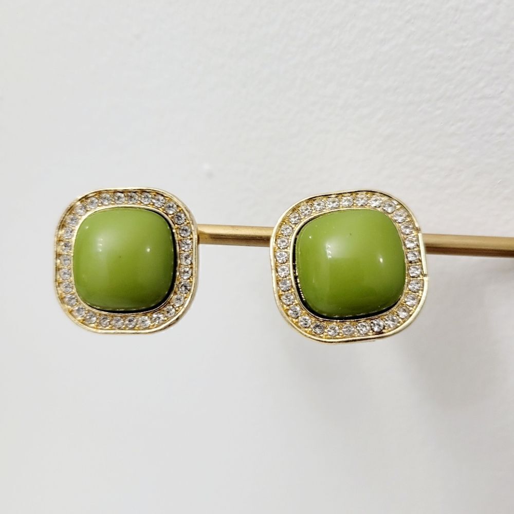 Brand New Green Stone With Rhinestone Gold Tone Earrings